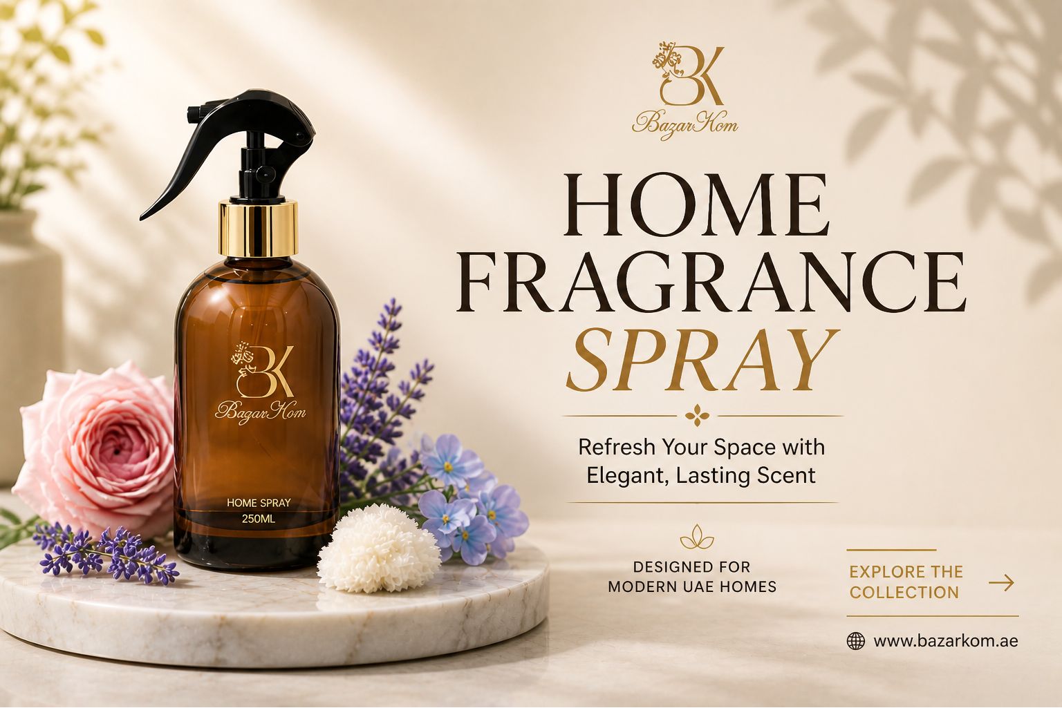 Bazarkom home fragrance spray with flowers styled for modern UAE home fragrance and long-lasting scent