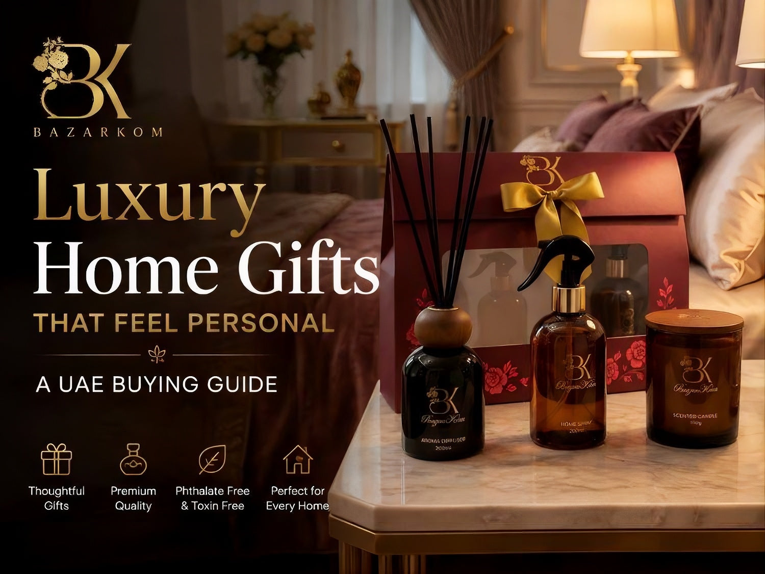 Luxury home gifts with scented candle, reed diffuser and home spray set in a UAE living room
