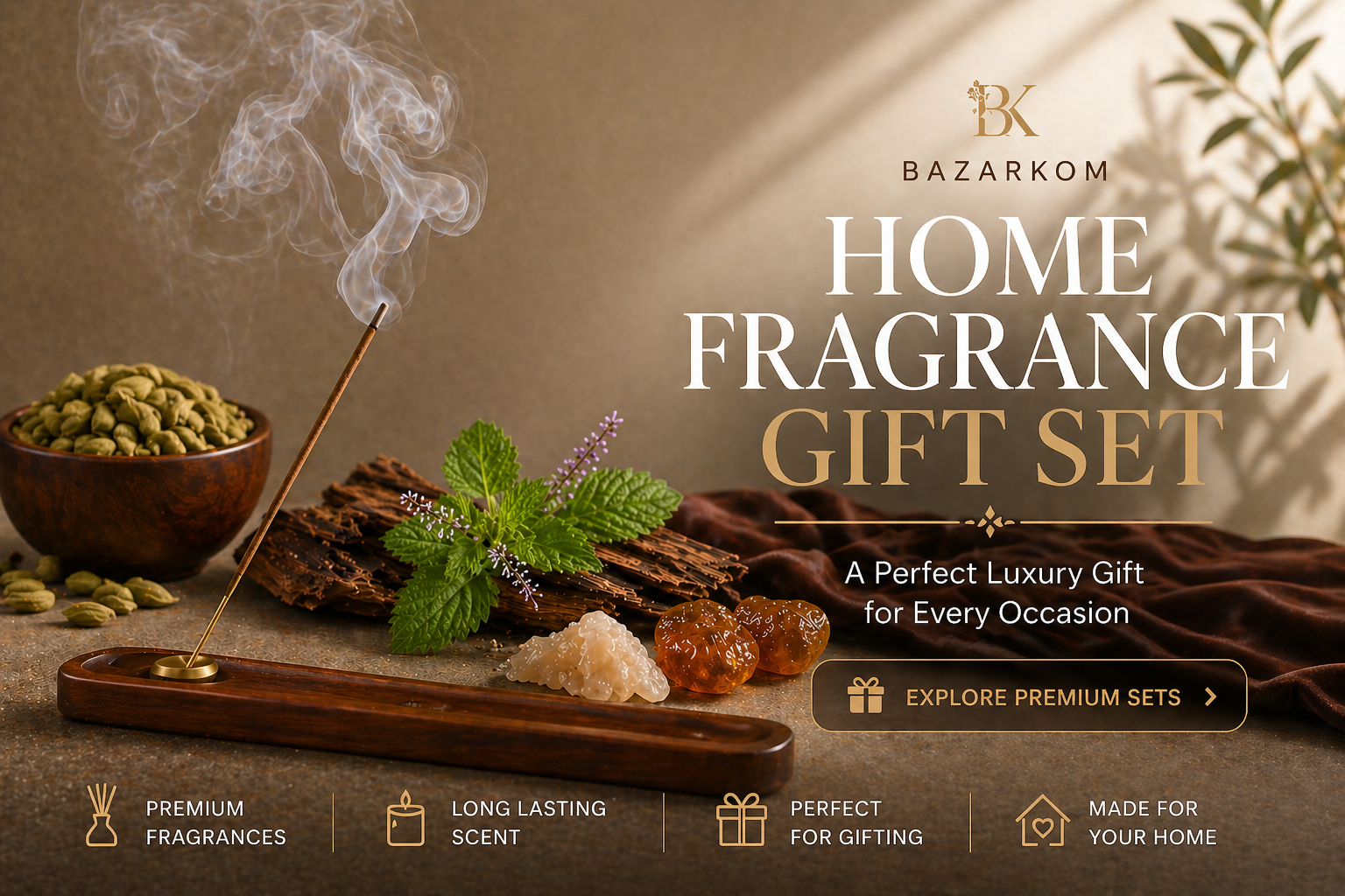 Luxury home fragrance gift set with oud incense, amber and premium aroma elements for elegant home ambiance 