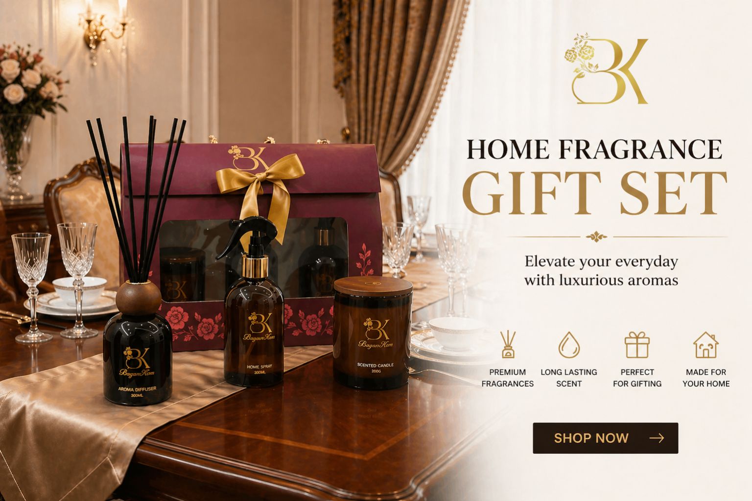 Luxury home fragrance gift set with scented candle, diffuser and spray for elegant home ambiance