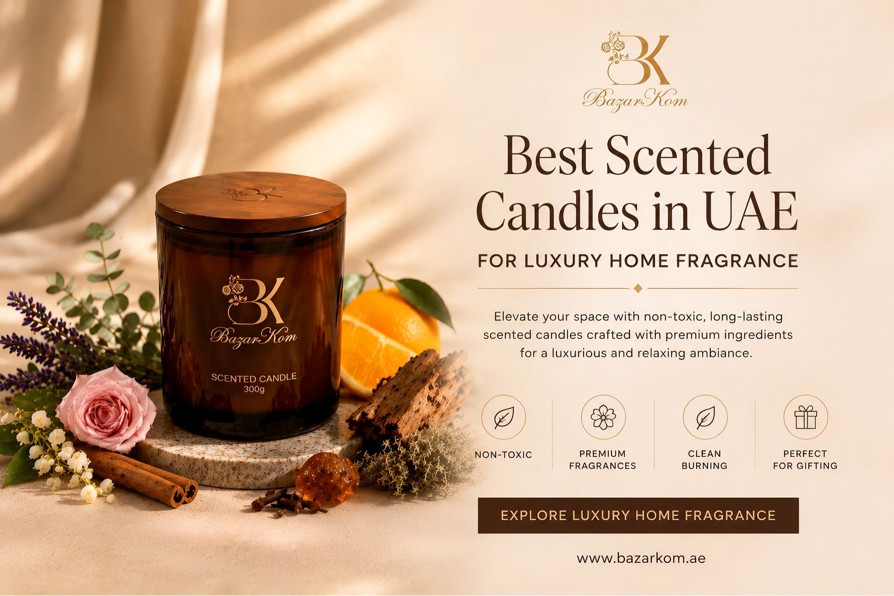 Luxury scented candles by Bazarkom for elegant UAE home fragrance, relaxing ambiance, and premium interior décor styling.