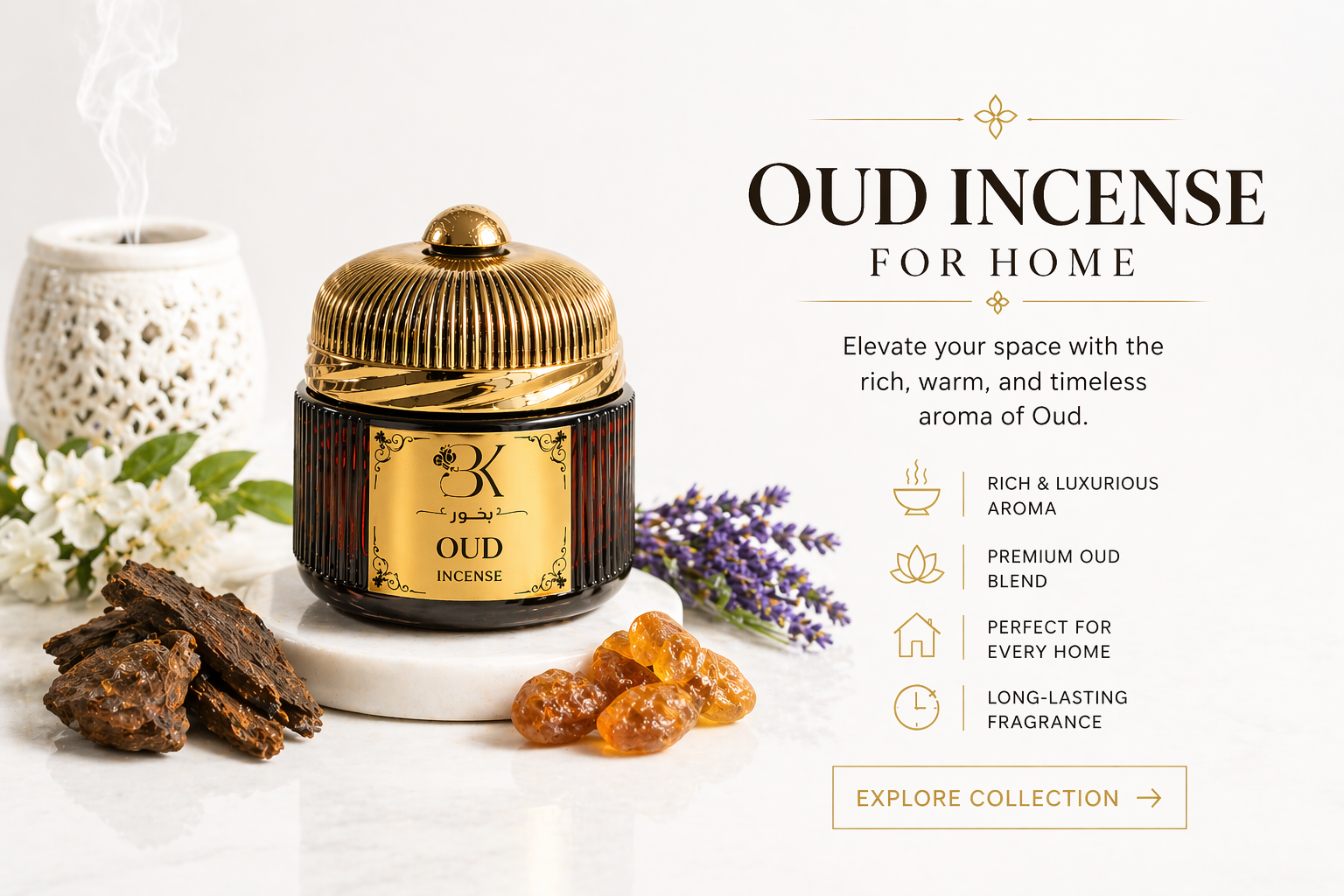 Luxury oud incense for home with amber, lavender, and sandalwood elements