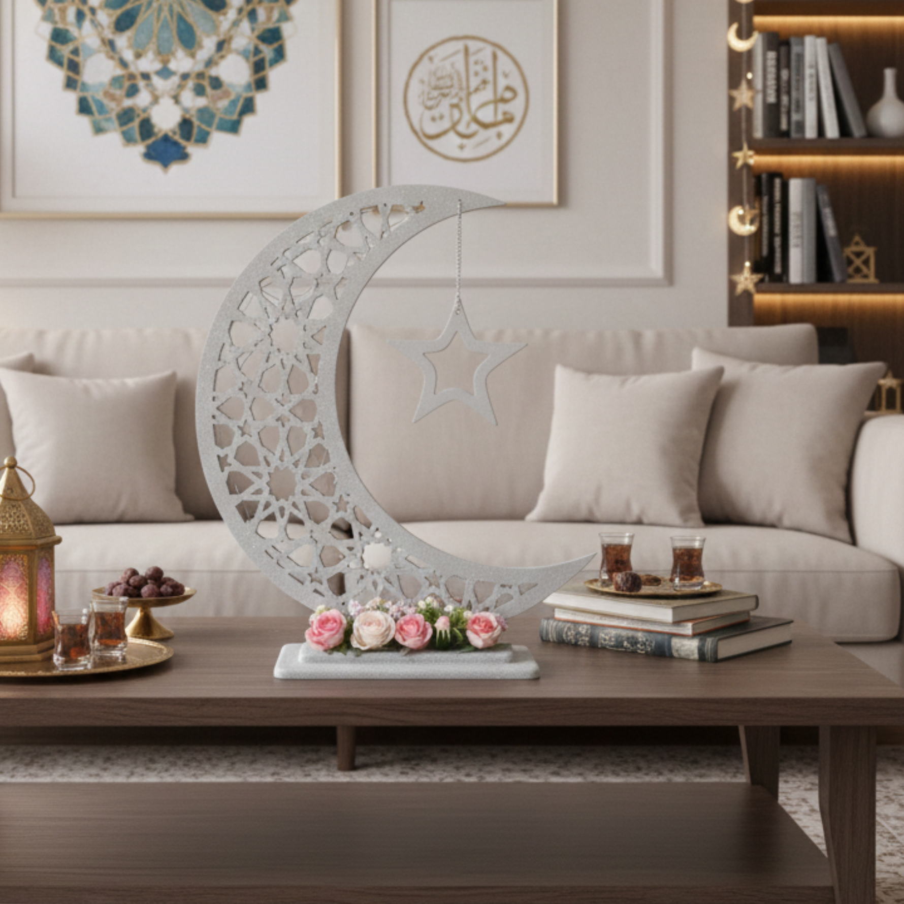  هلال رمضان صناعة يدوية من الخشب - رمادي