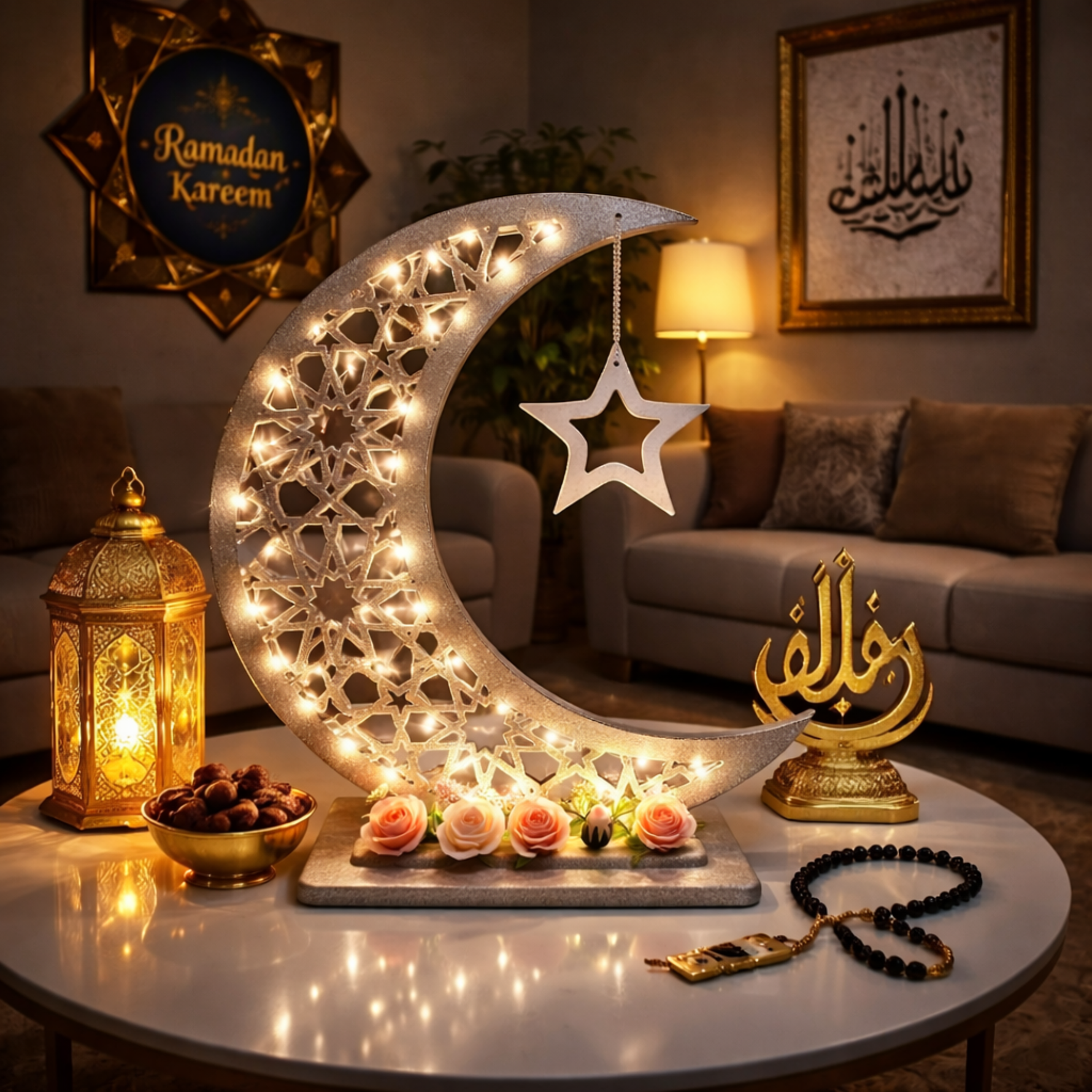  هلال رمضان صناعة يدوية من الخشب - رمادي