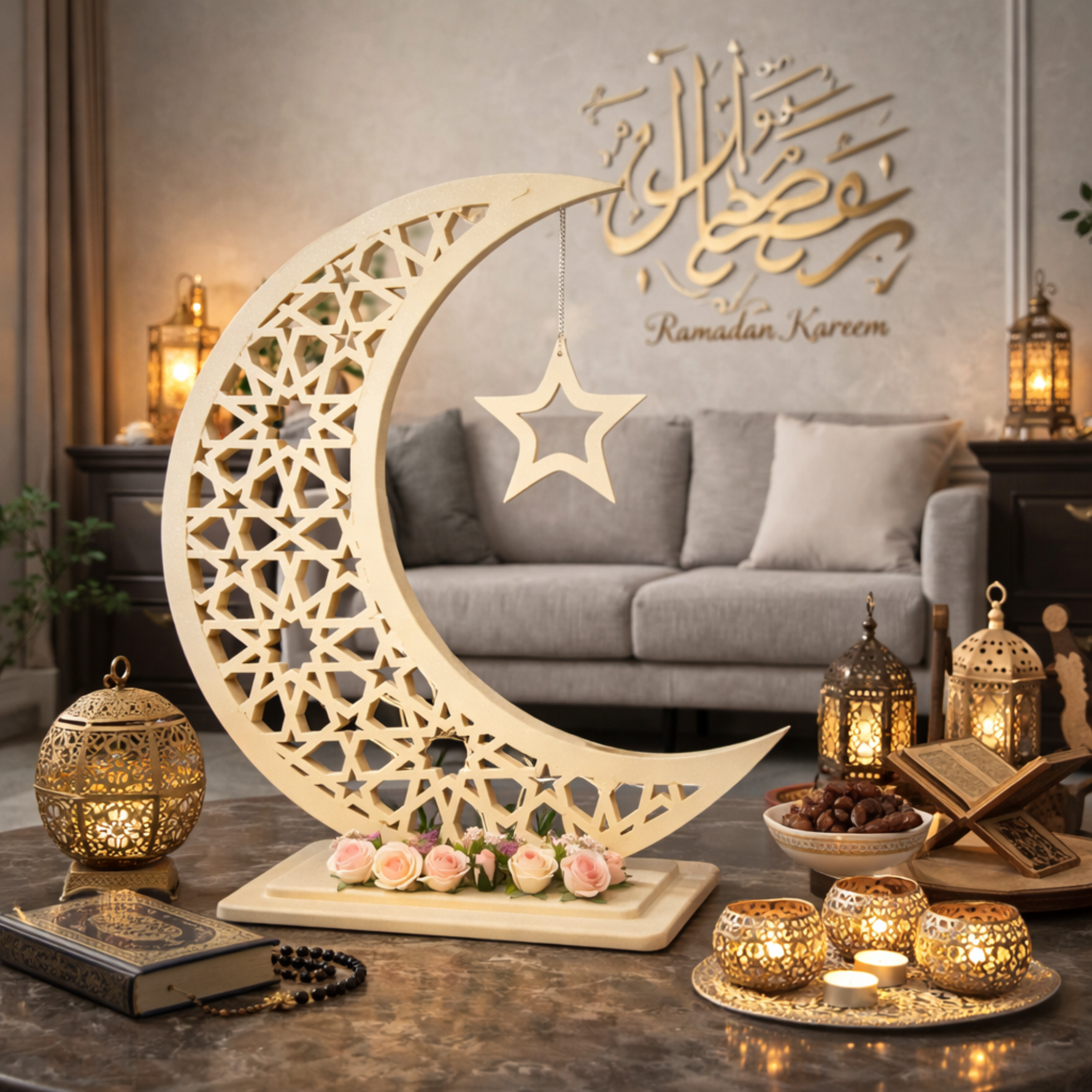 هلال رمضان صناعة يدوية من الخشب - بيج