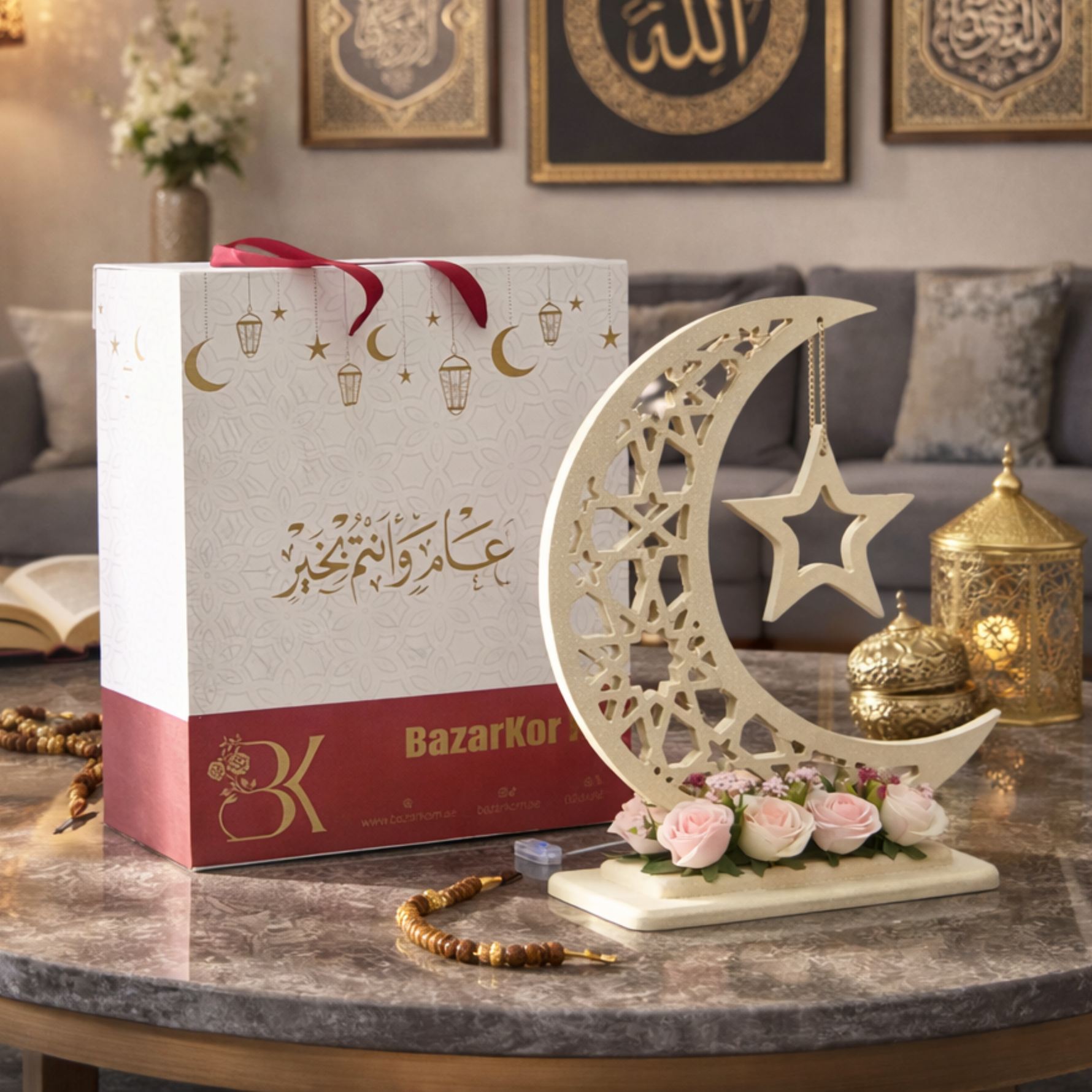  هلال رمضان صناعة يدوية من الخشب - بيج