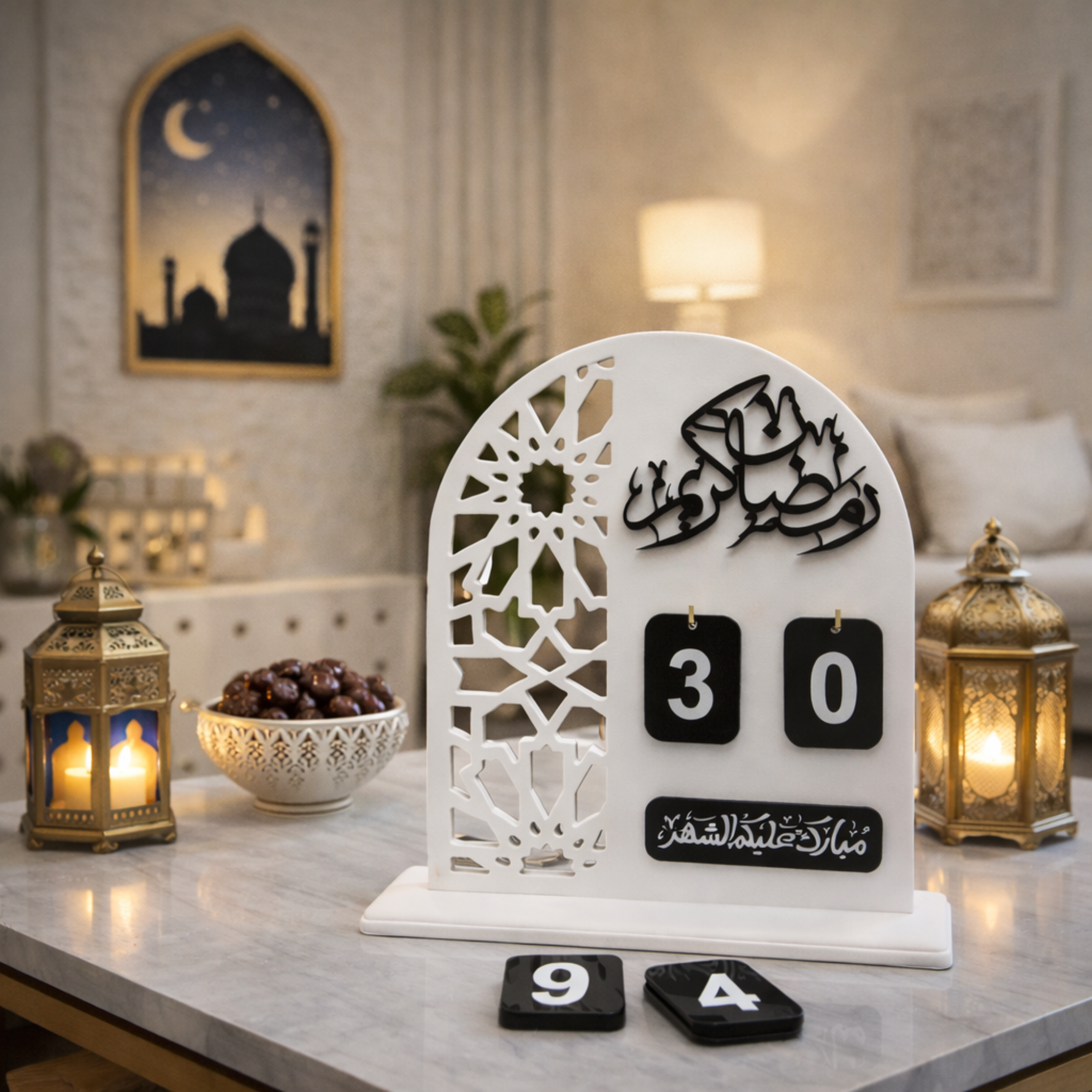 تقويم رمضان صناعة يدوية من الخشب - أبيض مطفي