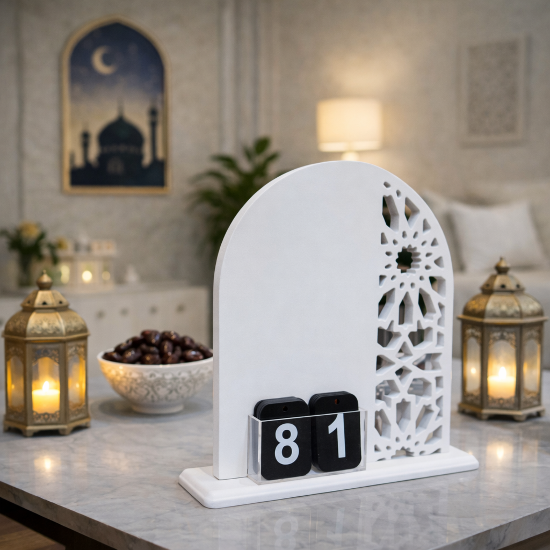  تقويم رمضان صناعة يدوية من الخشب - أبيض مطفي